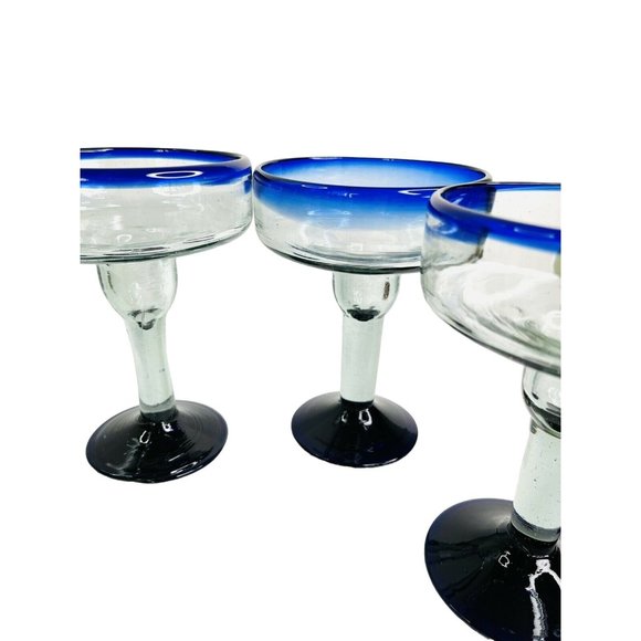 Margarita Glass Set Mexican Hand Blown Heavy Cobalt Blue Rim & Foot 16oz 4 pc - Picture 5 of 7